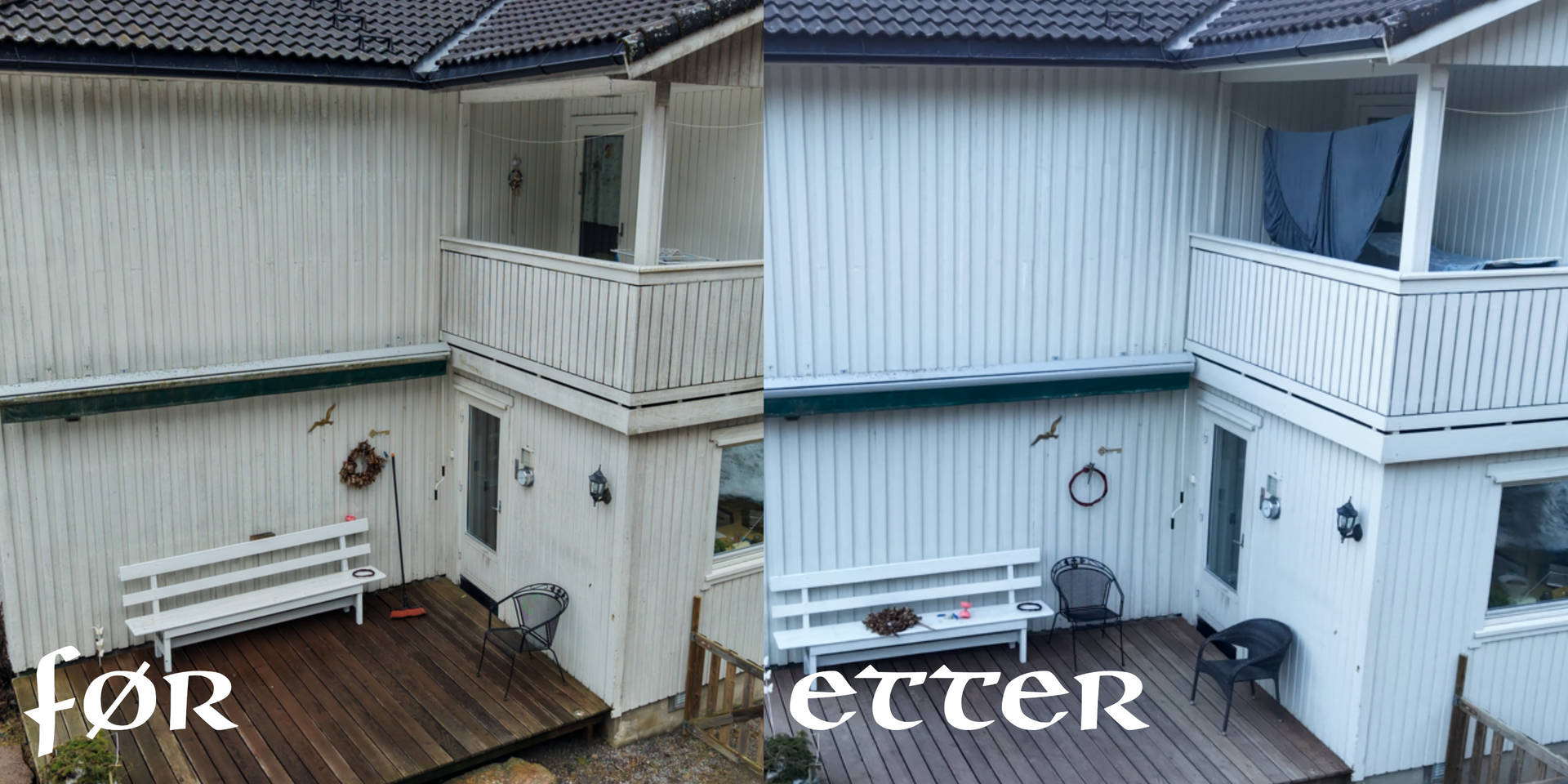 Side-ved-side-sammenligning av et hvitt hus' eksteriør, som viser det før og etter en rengjøringsprosess.