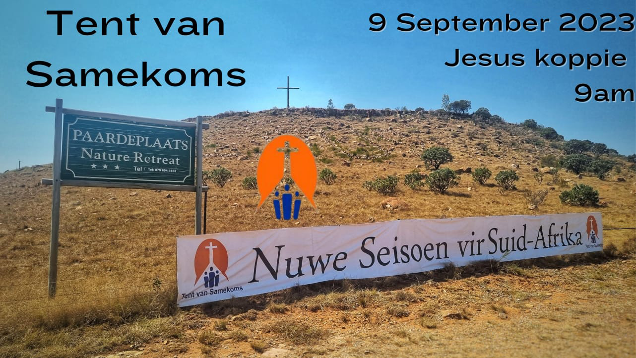 A sign that says tent van samekoms on it