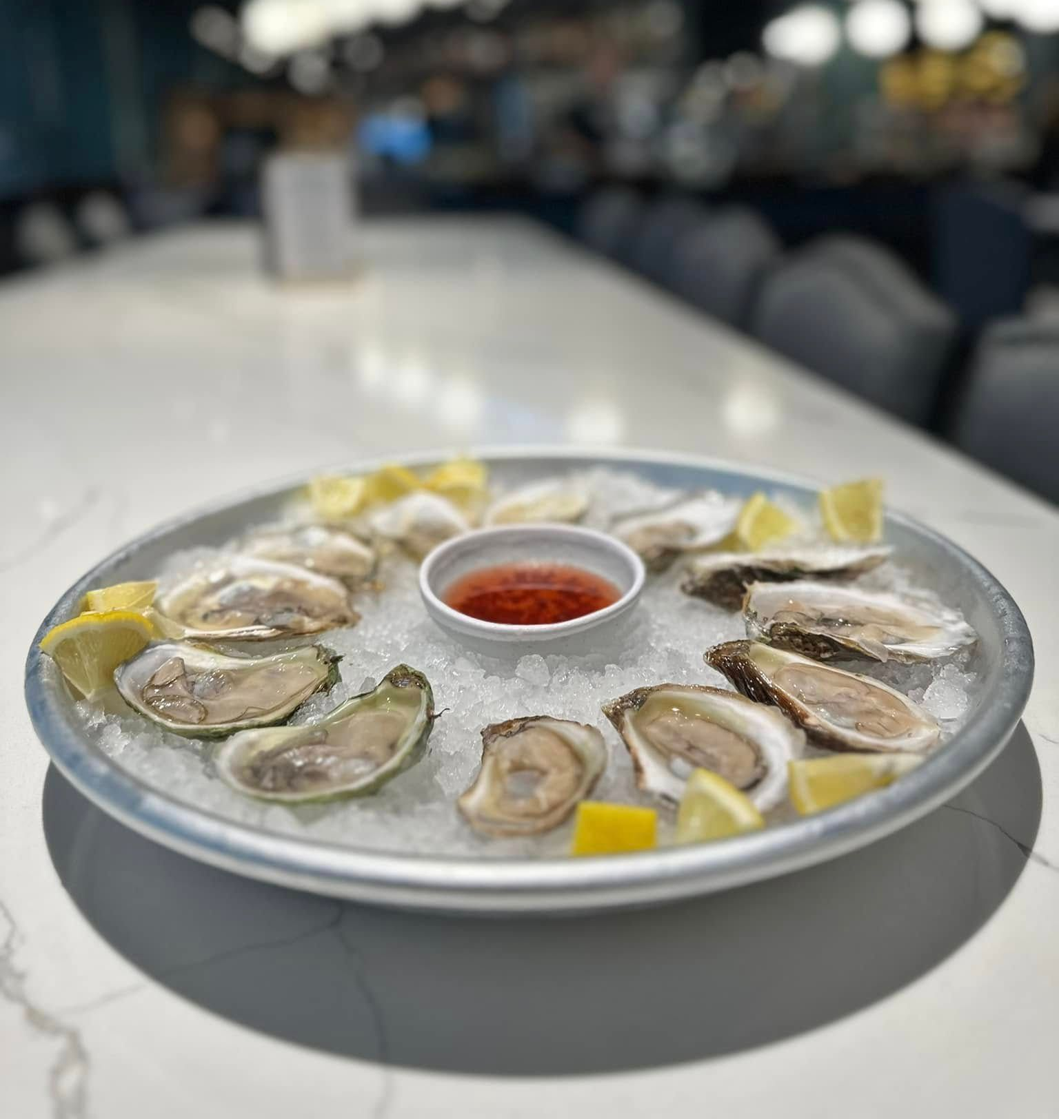 oysters on crushed ice with lemon 