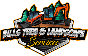 Bill's Tree & Landscaping Logo - Large Tree in a Field in Front of a Sunset and a Mountain