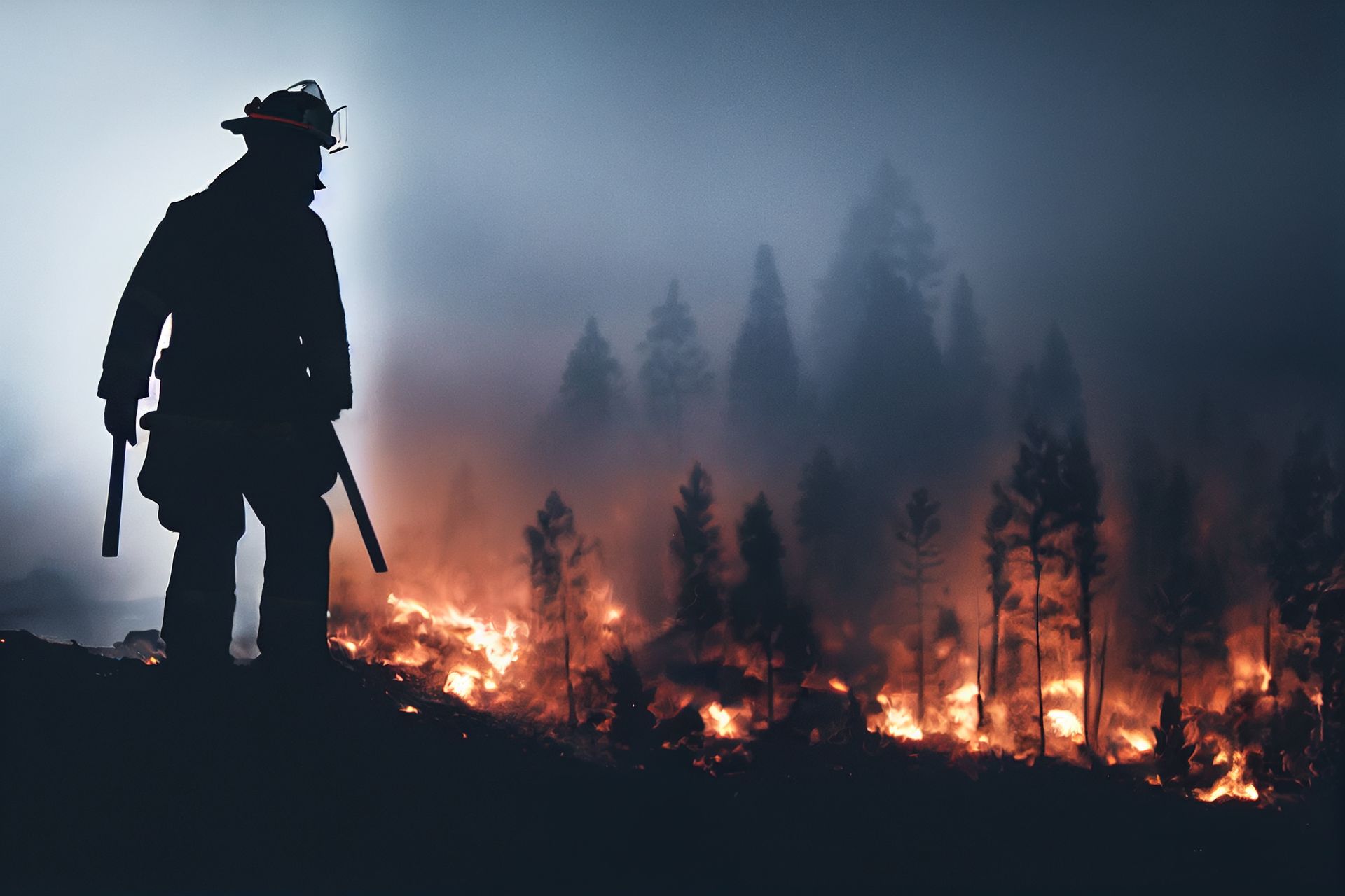 Firefighter battling wildfire flames, symbolizing the need for The Wildfire Guardian™ eco-safe wildfire protection solution.