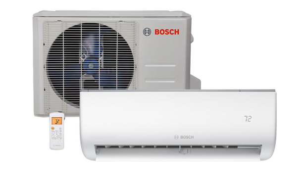 Bosch mini-split air conditioning system: outdoor compressor unit and indoor wall unit with remote control.