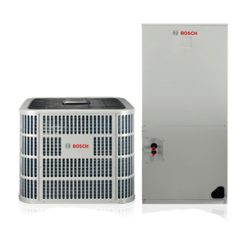 Bosch HVAC system: outdoor unit on left, indoor unit on right, both light gray with Bosch logo.