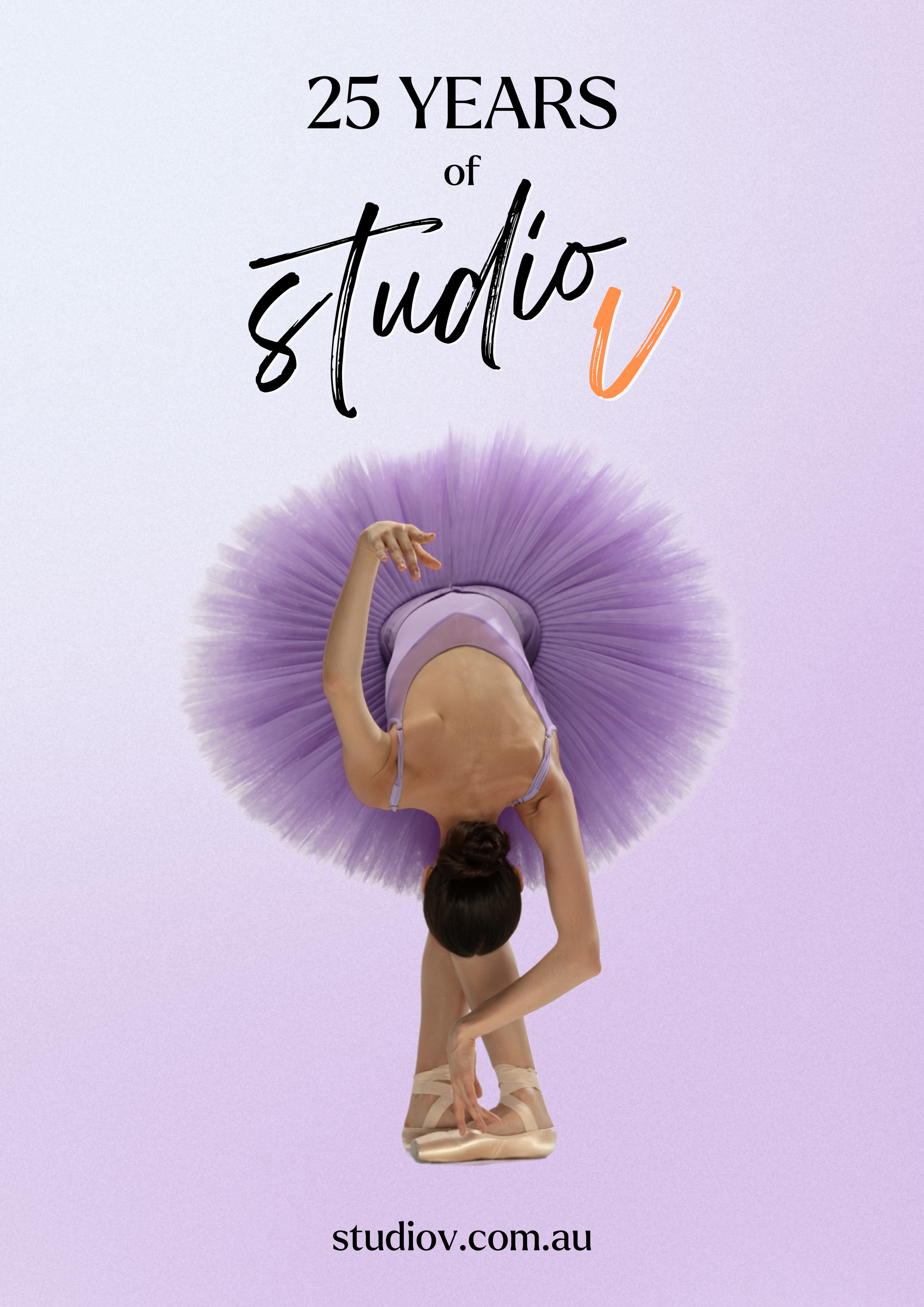 A poster for 25 years of studio v shows a ballerina in a purple tutu