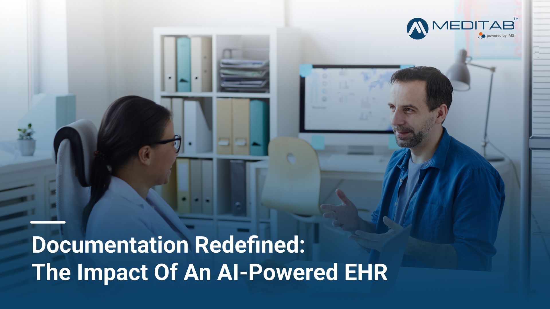 A doctor using a tablet with Meditab IMS software to manage patient care in a modern medical clinic.