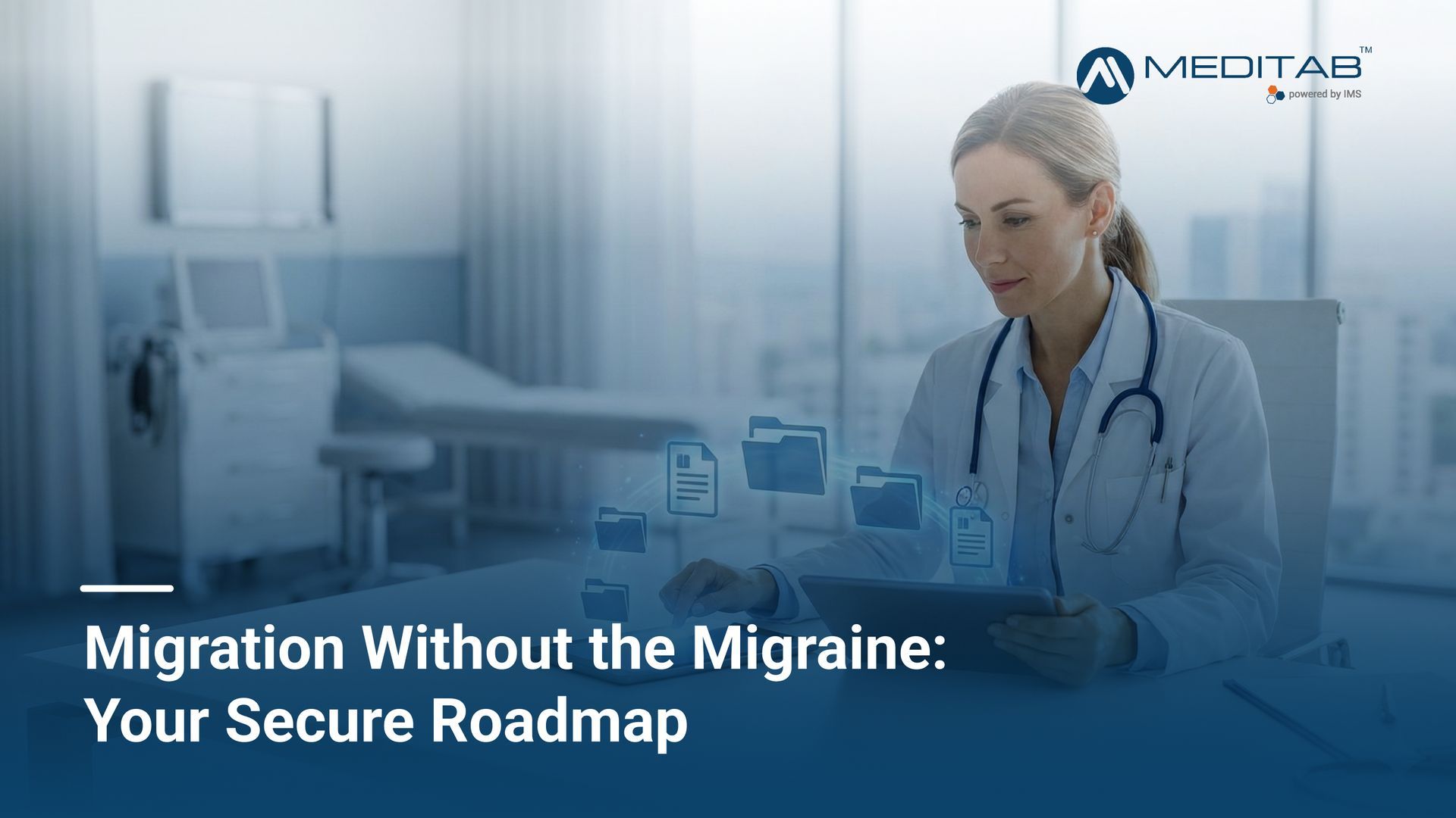 Digital tablet displaying a secure healthcare data migration progress bar in a clinical setting.
