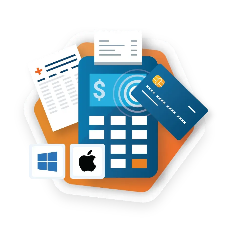 An illustration of a credit card , a calculator , and an apple logo.