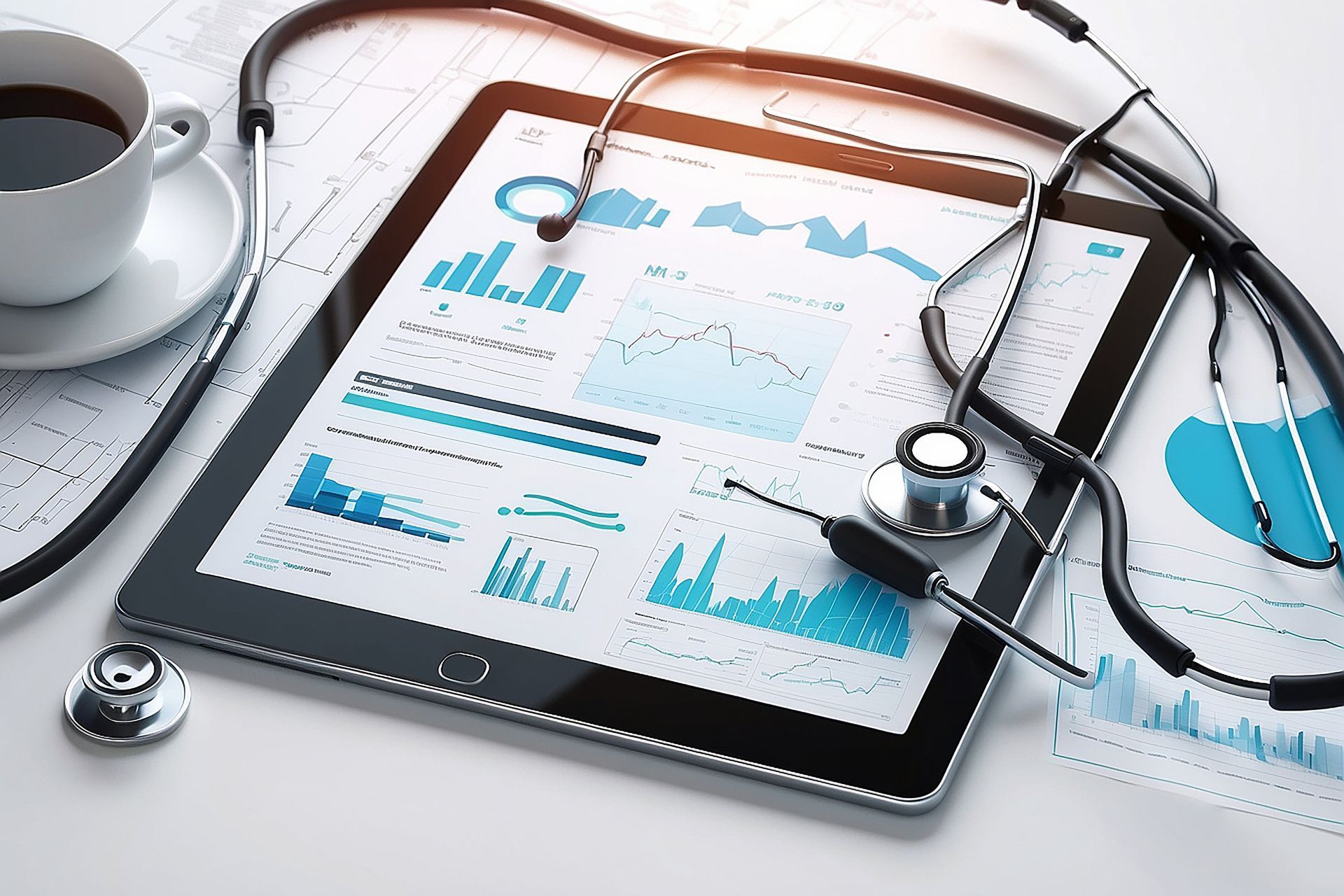 A stethoscope is sitting on top of a tablet next to a cup of coffee.