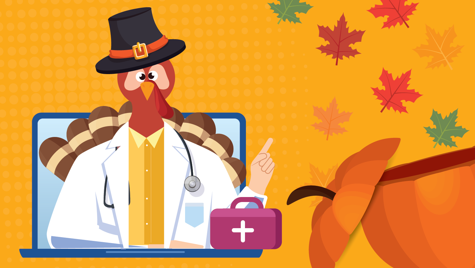 A turkey is wearing a doctor 's coat and hat and holding a first aid kit.