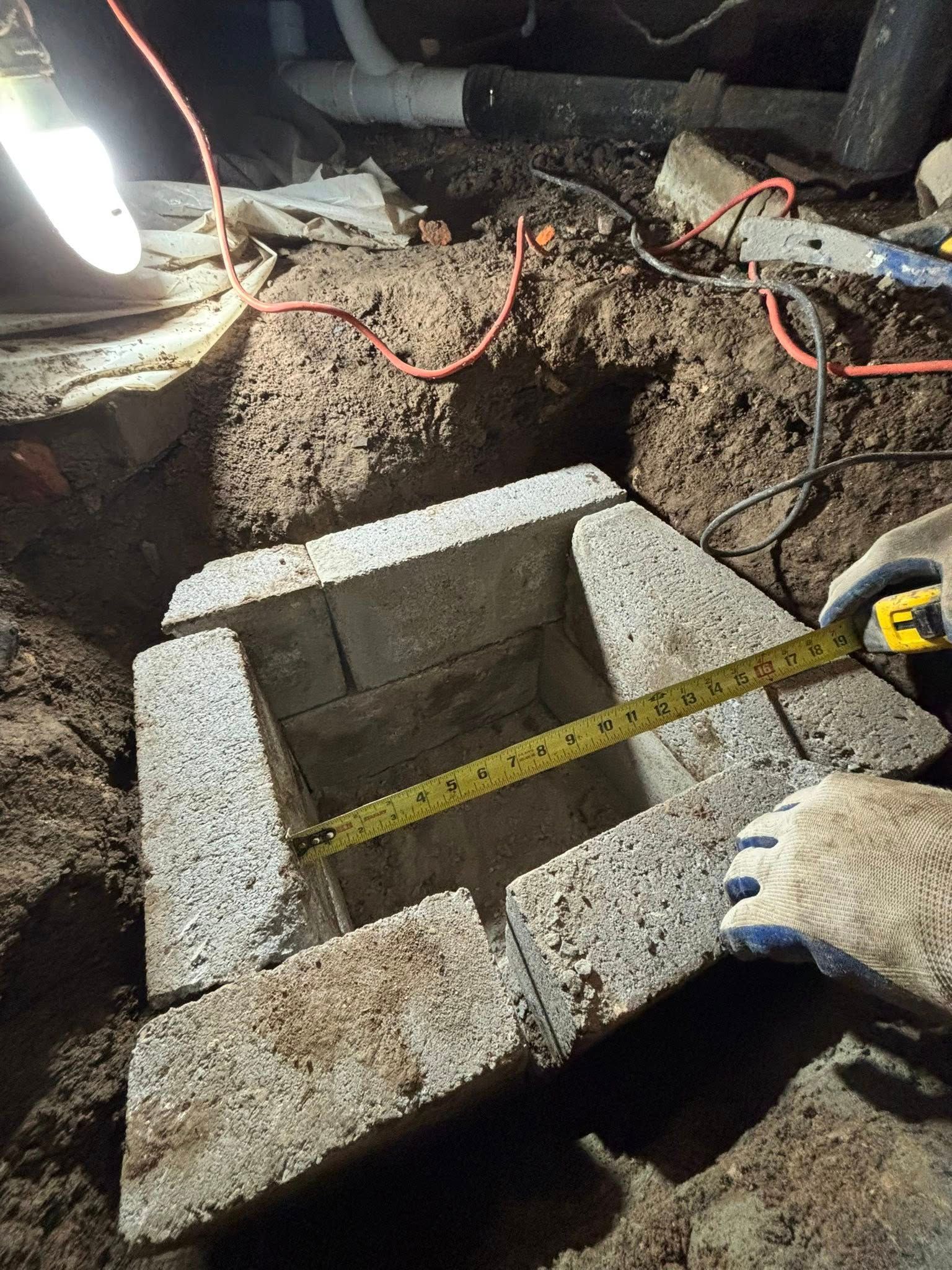 A person measures an old brick foundation in a dirt crawlspace with a tape measure.