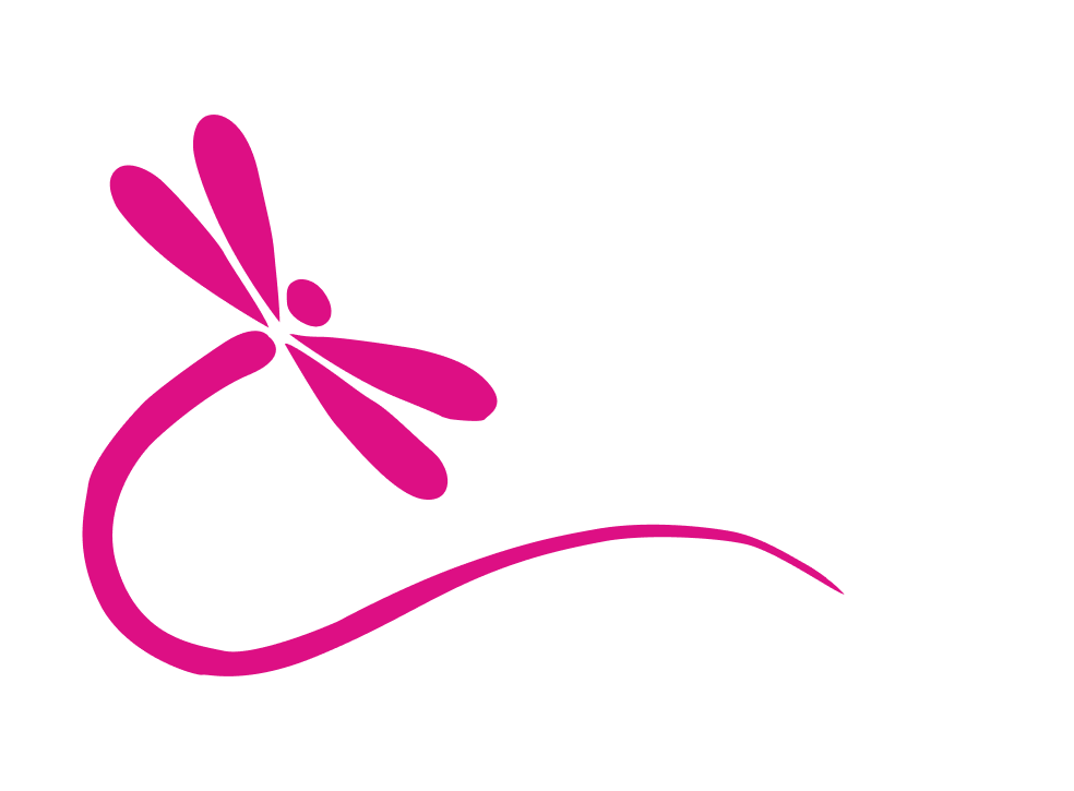 A pink dragonfly with a long tail on a white background.