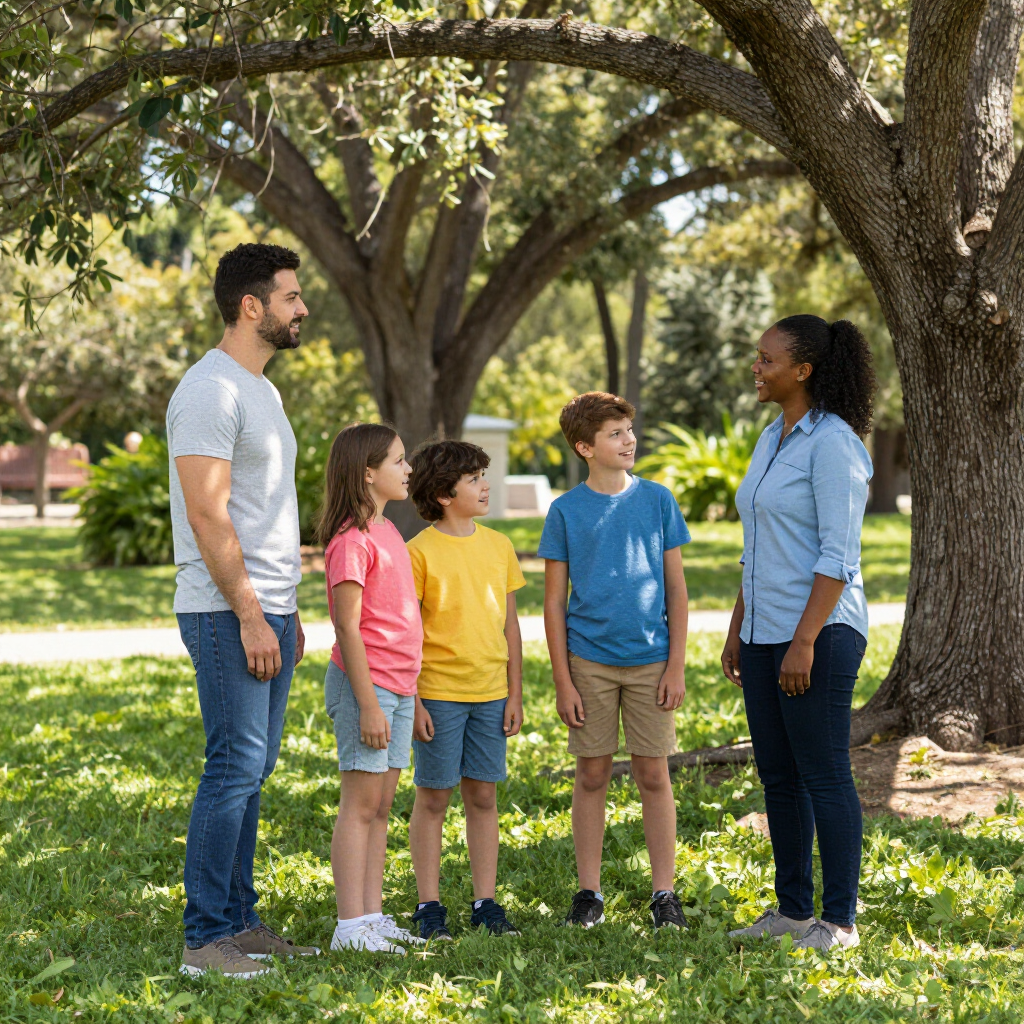 A family stands in a park, talking and smiling under the shade of a large tree on a bright, grassy day.