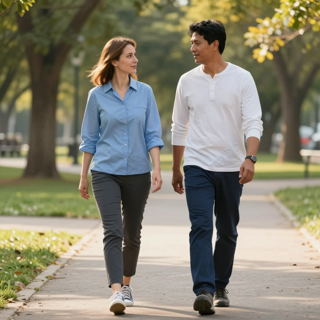 Two people walk together on a tree-lined park path, looking at each other and smiling while chatting.