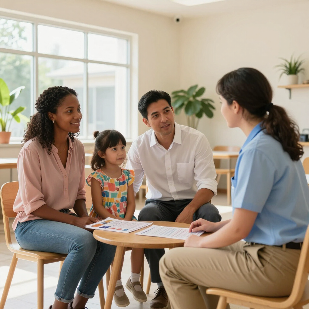 A family sits at a round wooden table with an educator, looking at documents in a bright room with plants.
