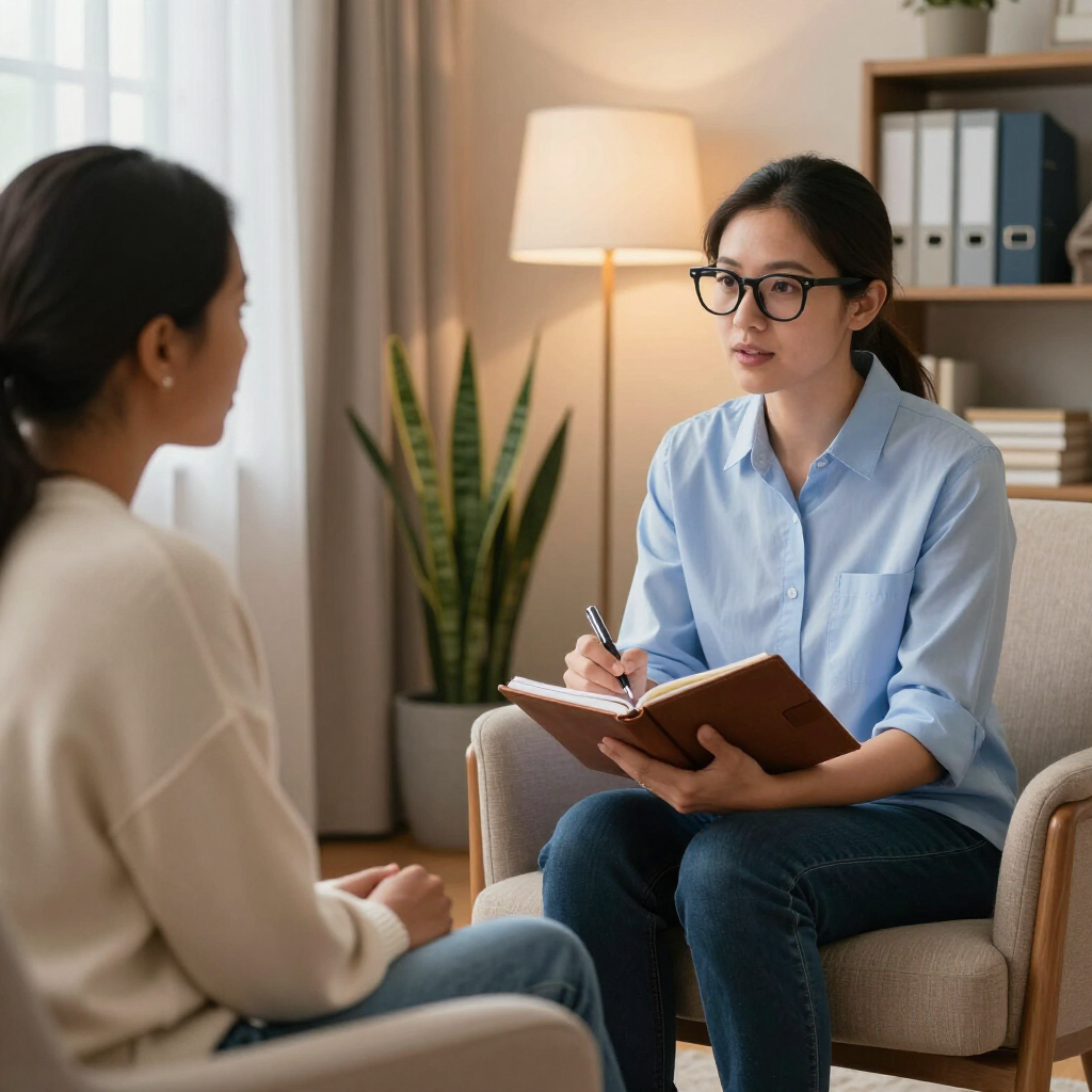 A professional setting where a seated person takes notes in a notebook while listening to someone sitting across from them.