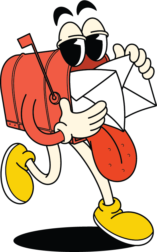 A cartoon-style red mailbox with arms, legs, and a face, happily running while holding a white envelope.