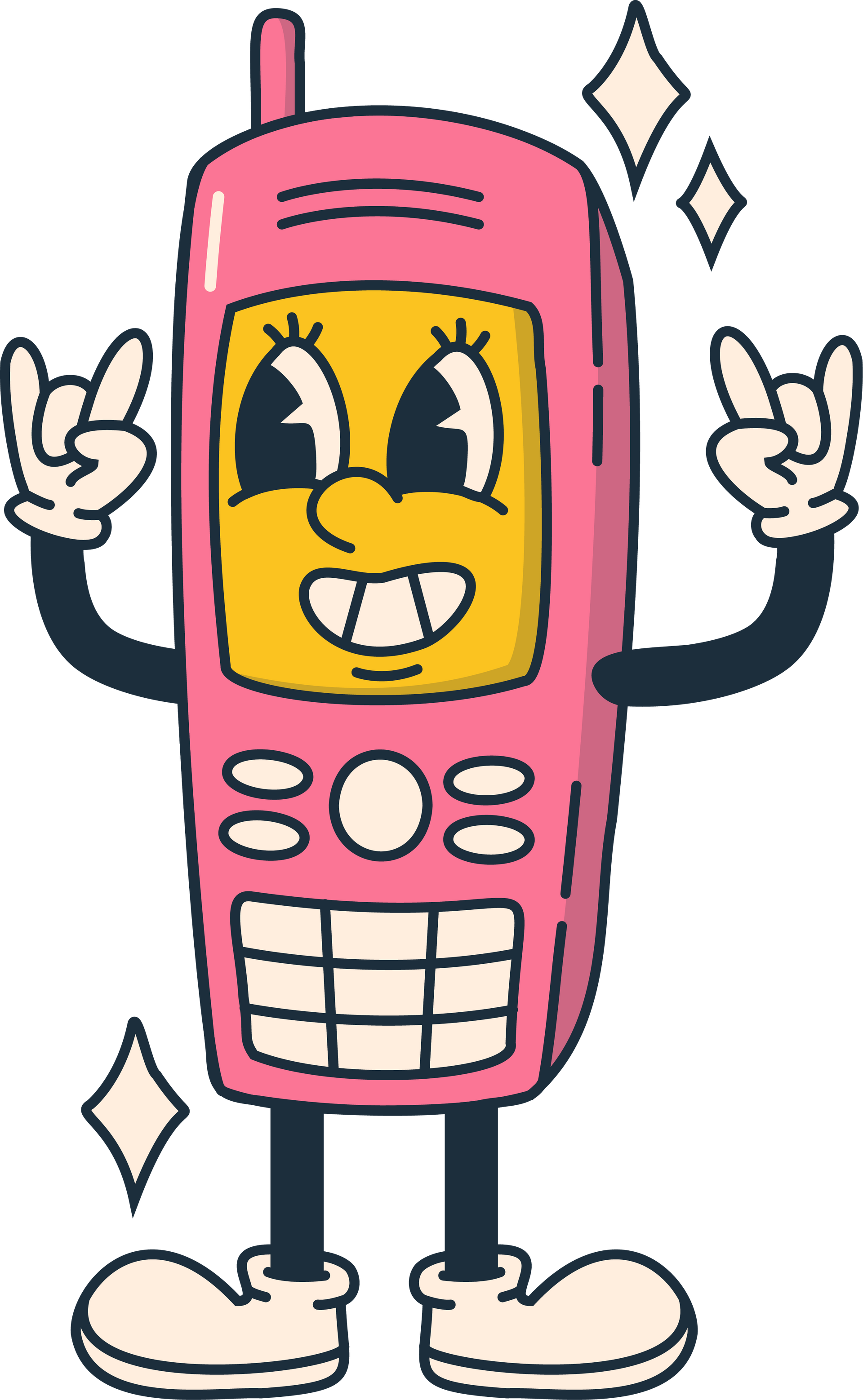 A cartoon pink cell phone with a face, limbs, and gloves makes a rock-on hand gesture, surrounded by sparkle icons.