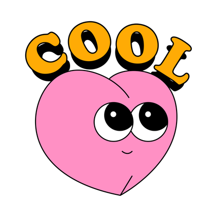 A pink heart character with large, wide eyes and a small smile, with the word "COOL" in orange letters above it.
