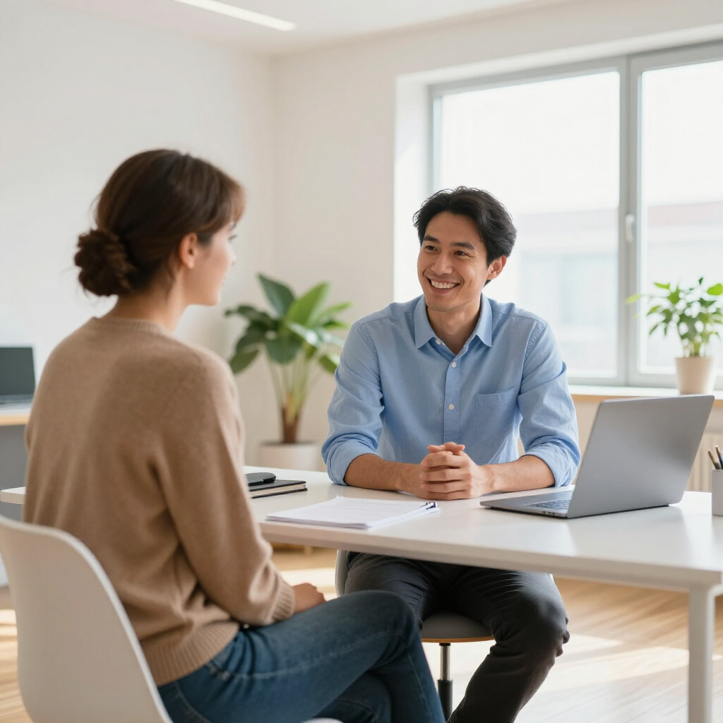 Two people seated across a desk in a bright office, engaging in a conversation with a laptop nearby.