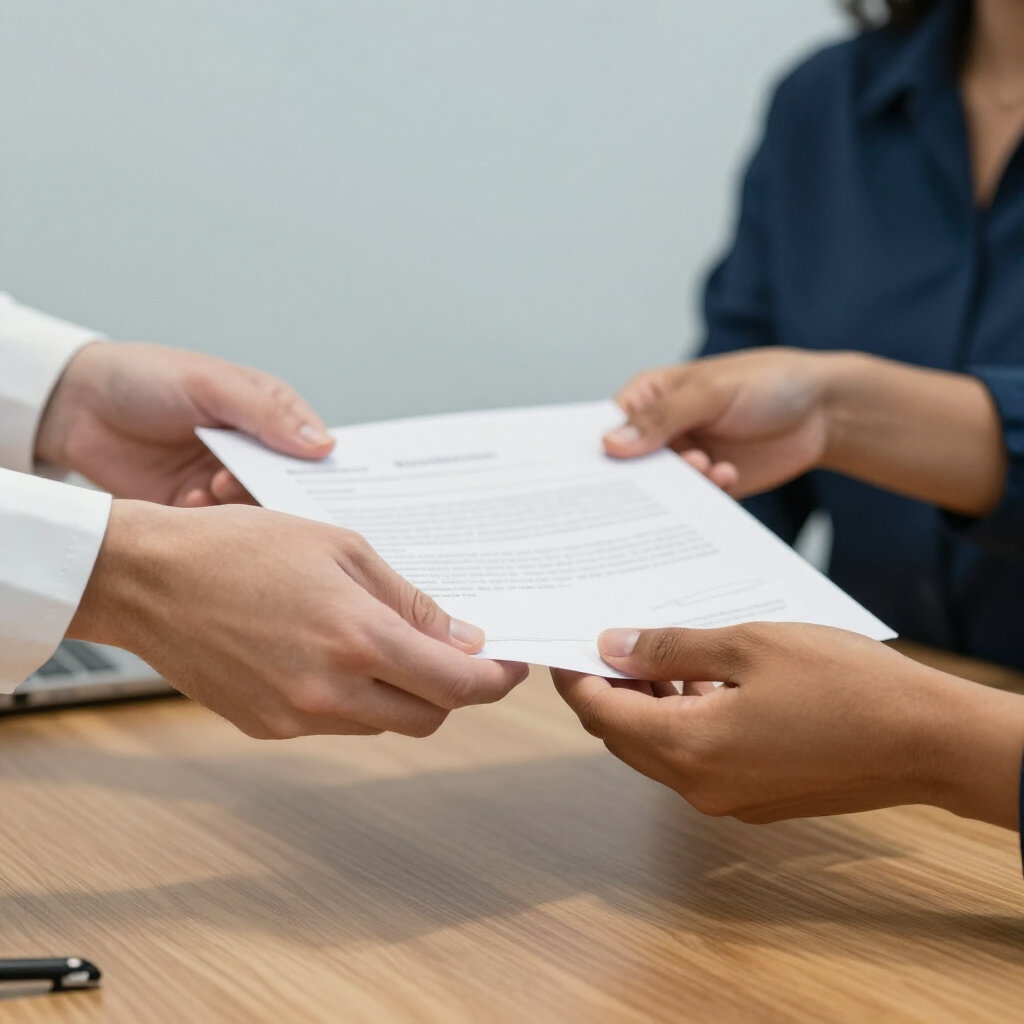 Two individuals at a wooden desk exchange a paper document, representing a professional handoff.