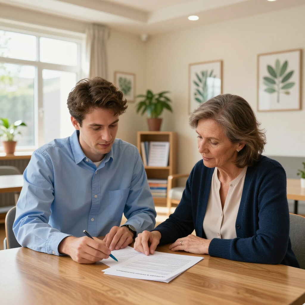 Two people sit at a wooden table in a bright, modern room, reviewing and signing a document together.