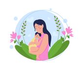 Una donna tiene in braccio un bambino circondato da fiori.
