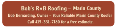 Business card for Bob's R.B Roofing in Fairfax, CA. Includes owner's name, tagline, and phone number.