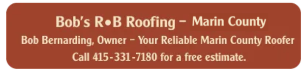 Business card for Bob's R.B Roofing in Fairfax, CA. Includes owner's name, tagline, and phone number.