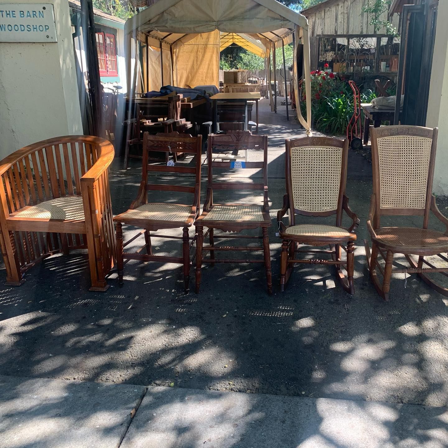 A row of wooden chairs are lined up in front of a tent.