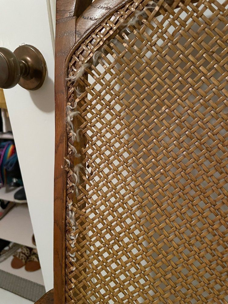 A close up of a wicker fence next to a door.