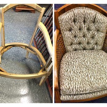 A before and after picture of a chair with a zebra print cushion.