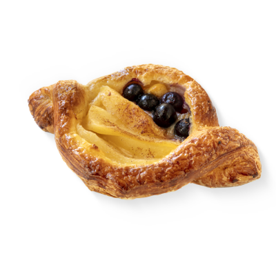 A pastry with apples and blueberries on a white background.