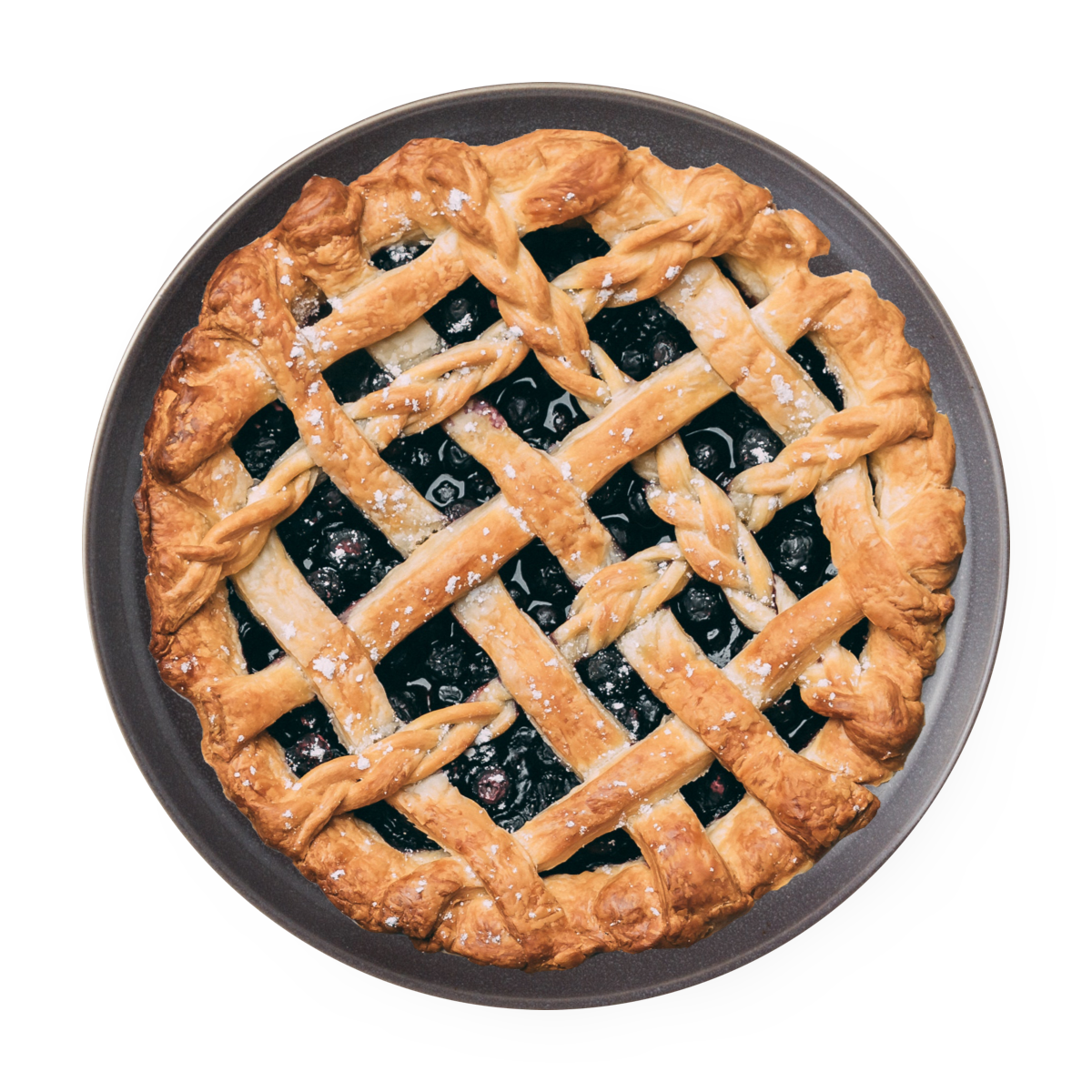 A blueberry pie with a lattice crust is on a plate.