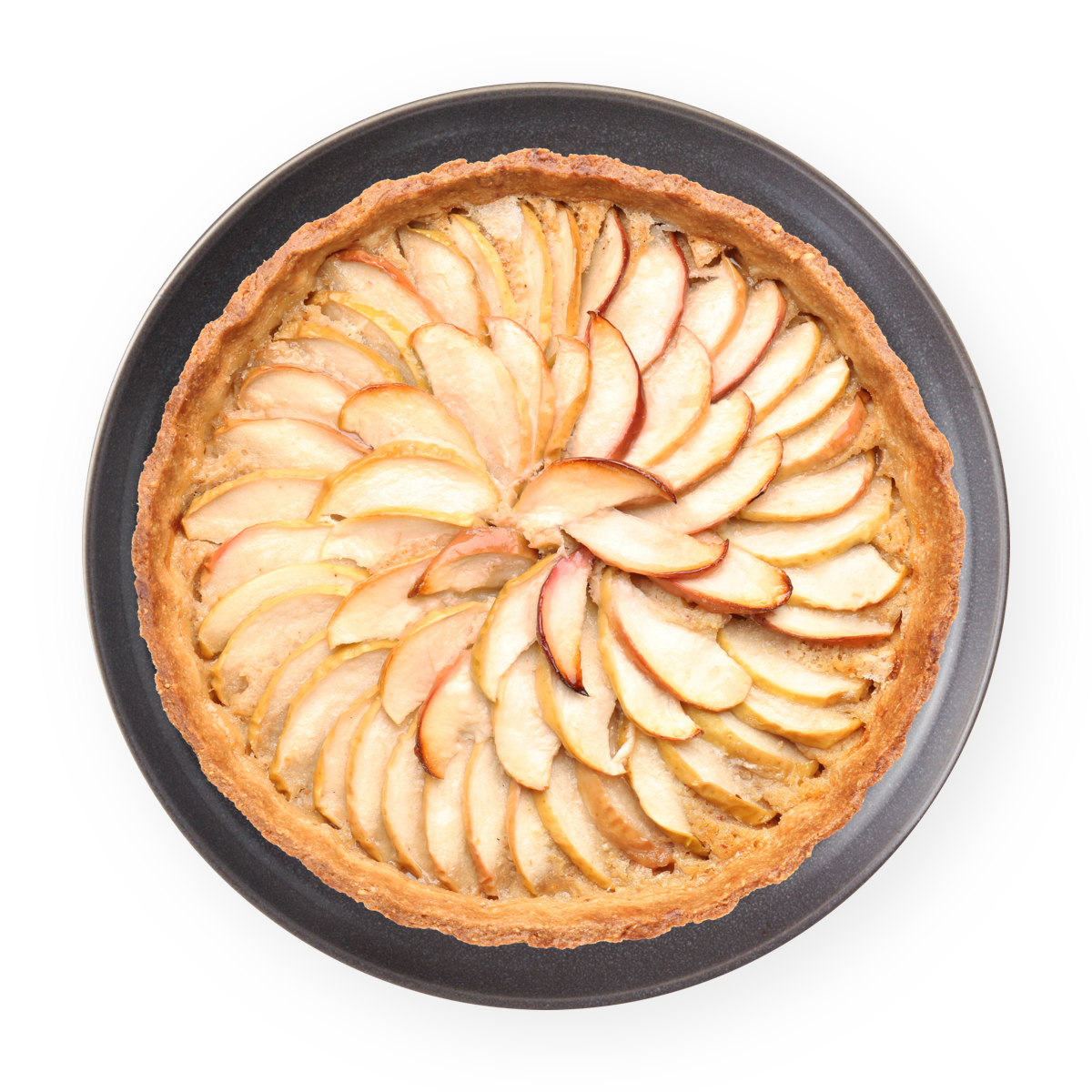 An apple pie on a black plate on a white background