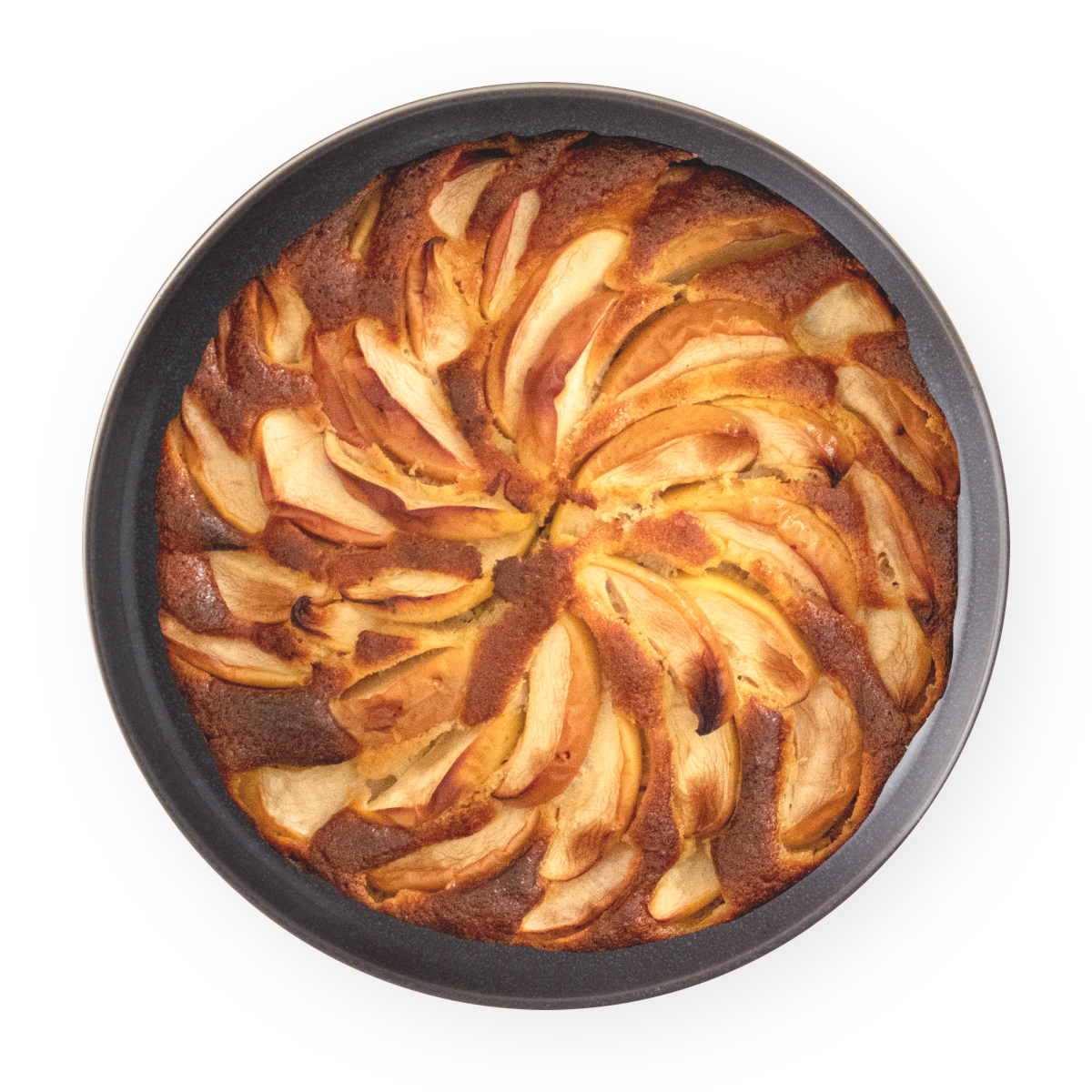 An apple pie in a pan on a white background