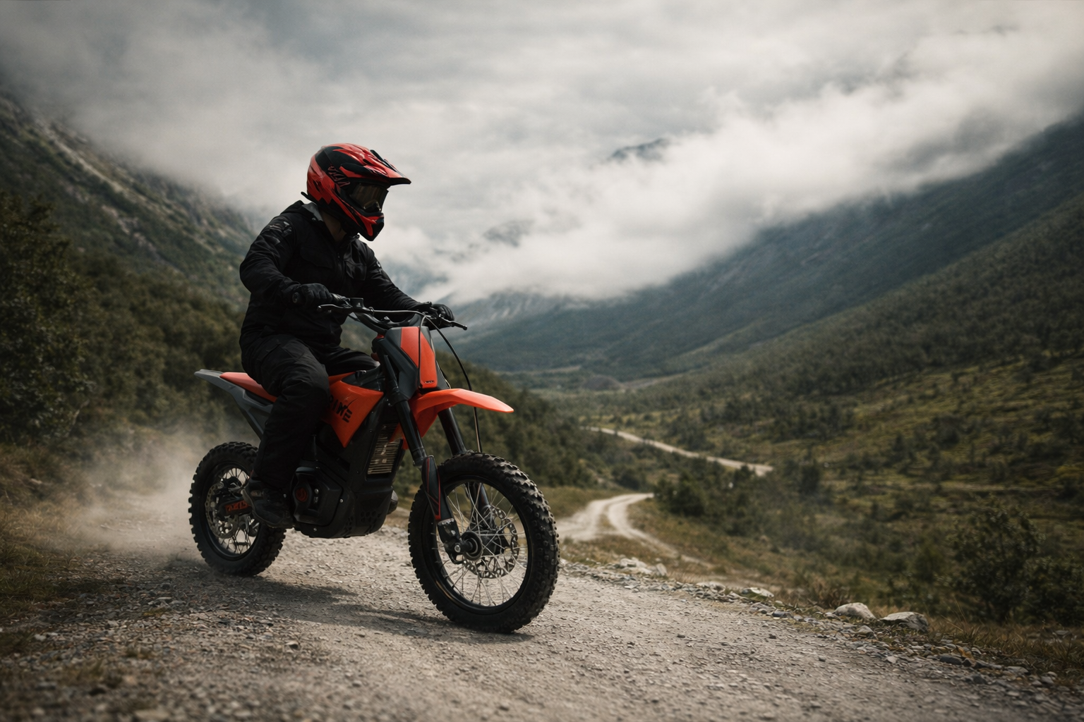 Person riding an orange dirt bike on a gravel road through a mountain valley, cloudy sky above.
