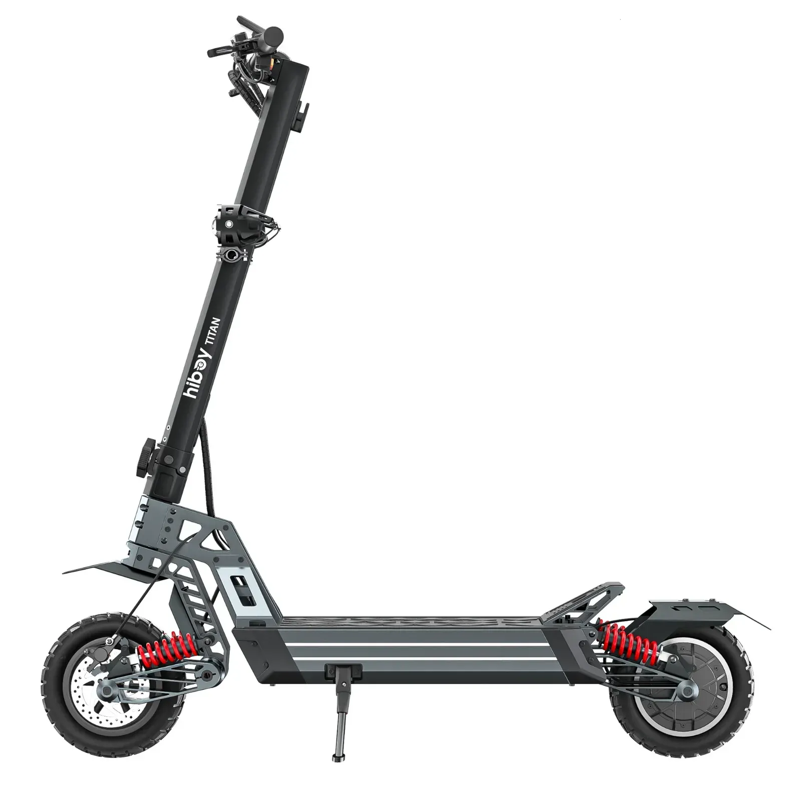 Black and gray electric scooter with a tall handlebar and suspension.