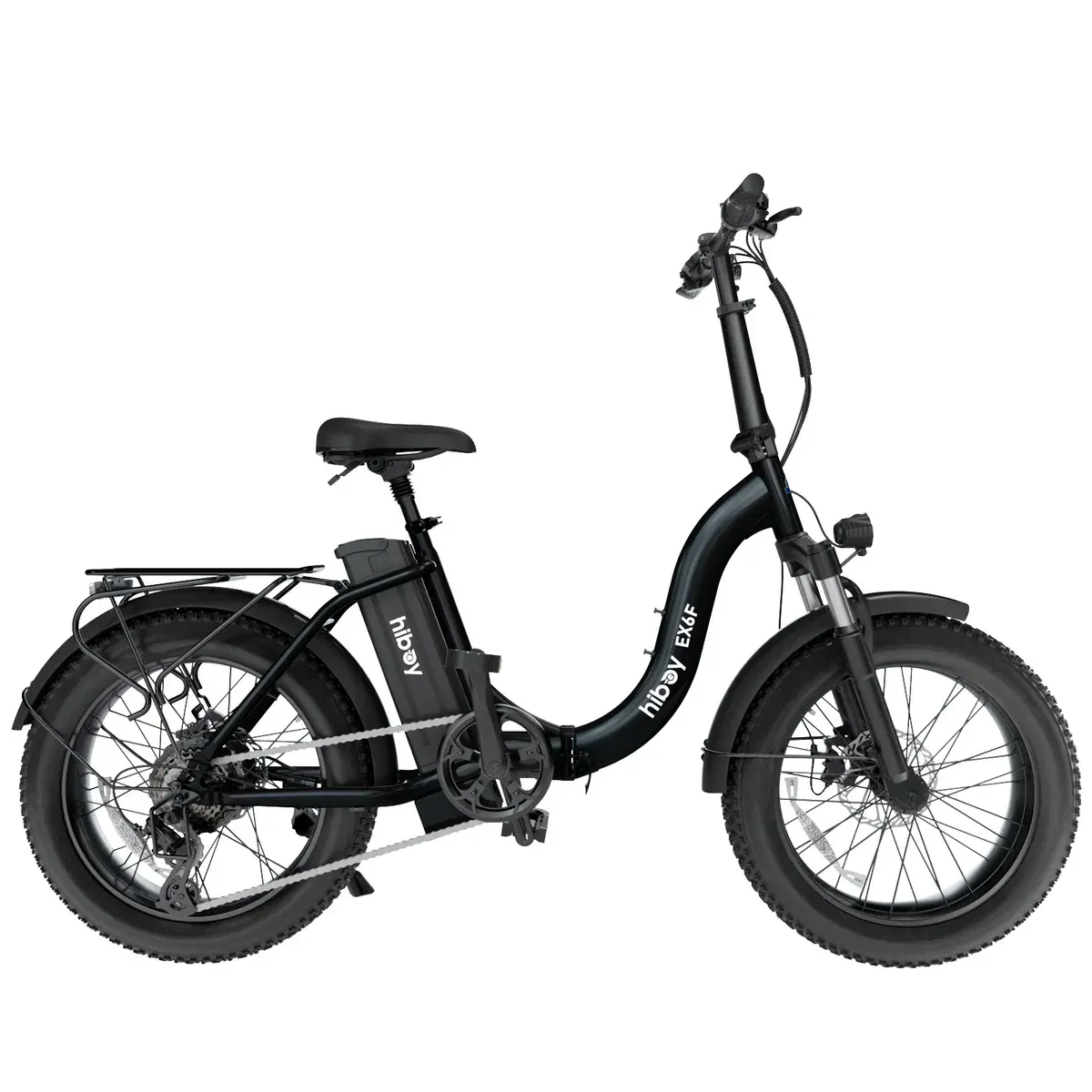 White folding electric bike with black tires, seat, and handlebars.