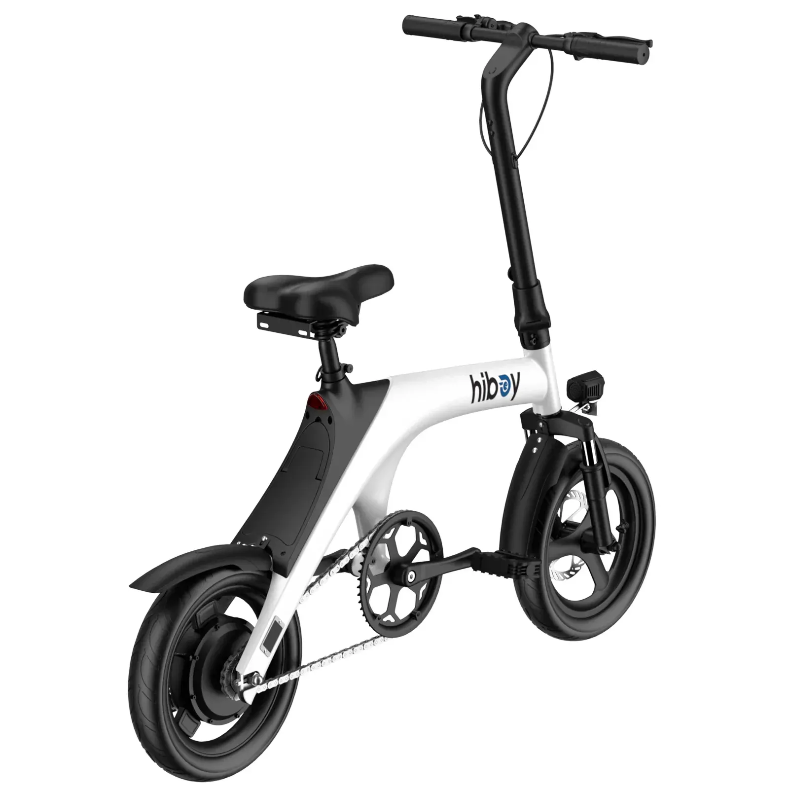White and black Hiboy folding electric bicycle with small wheels.