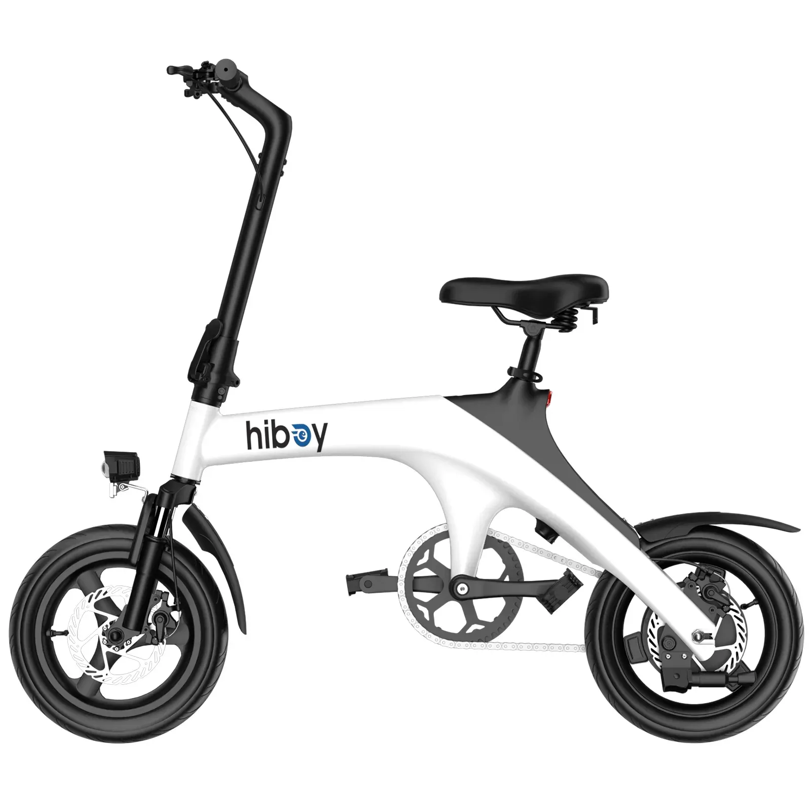White and black Hiboy folding electric bicycle with small wheels.