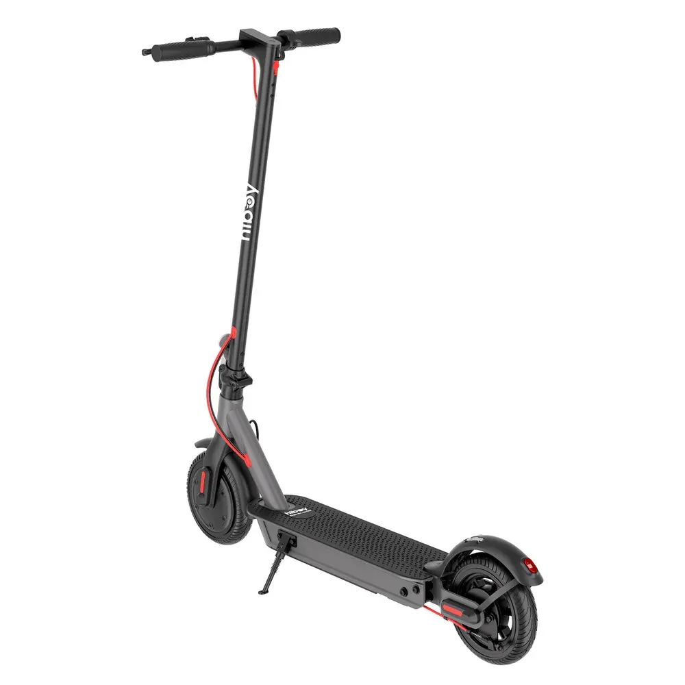 Black and gray electric scooter with red accents on white background.
