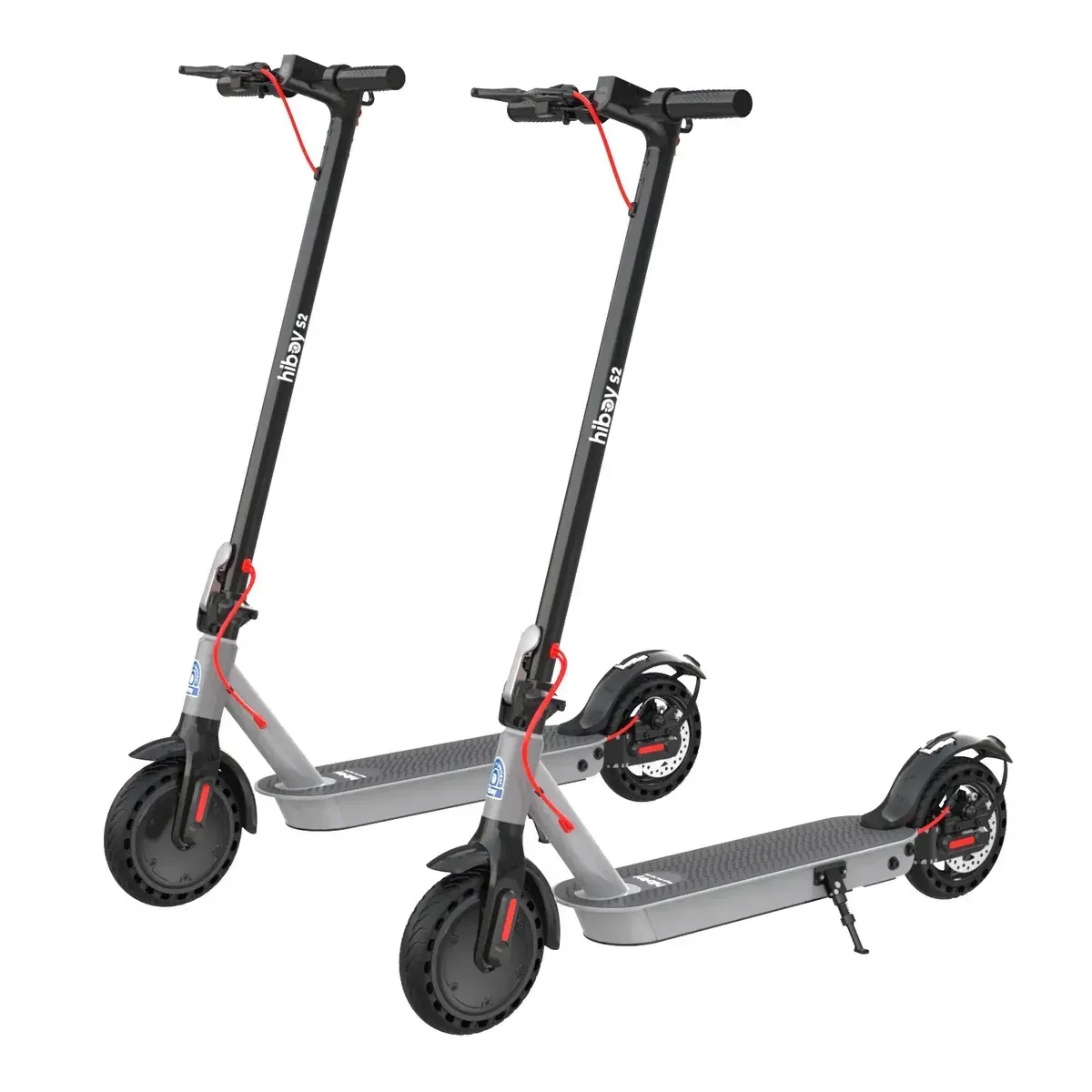 Electric scooter, gray and black, with red accents, on a white background.