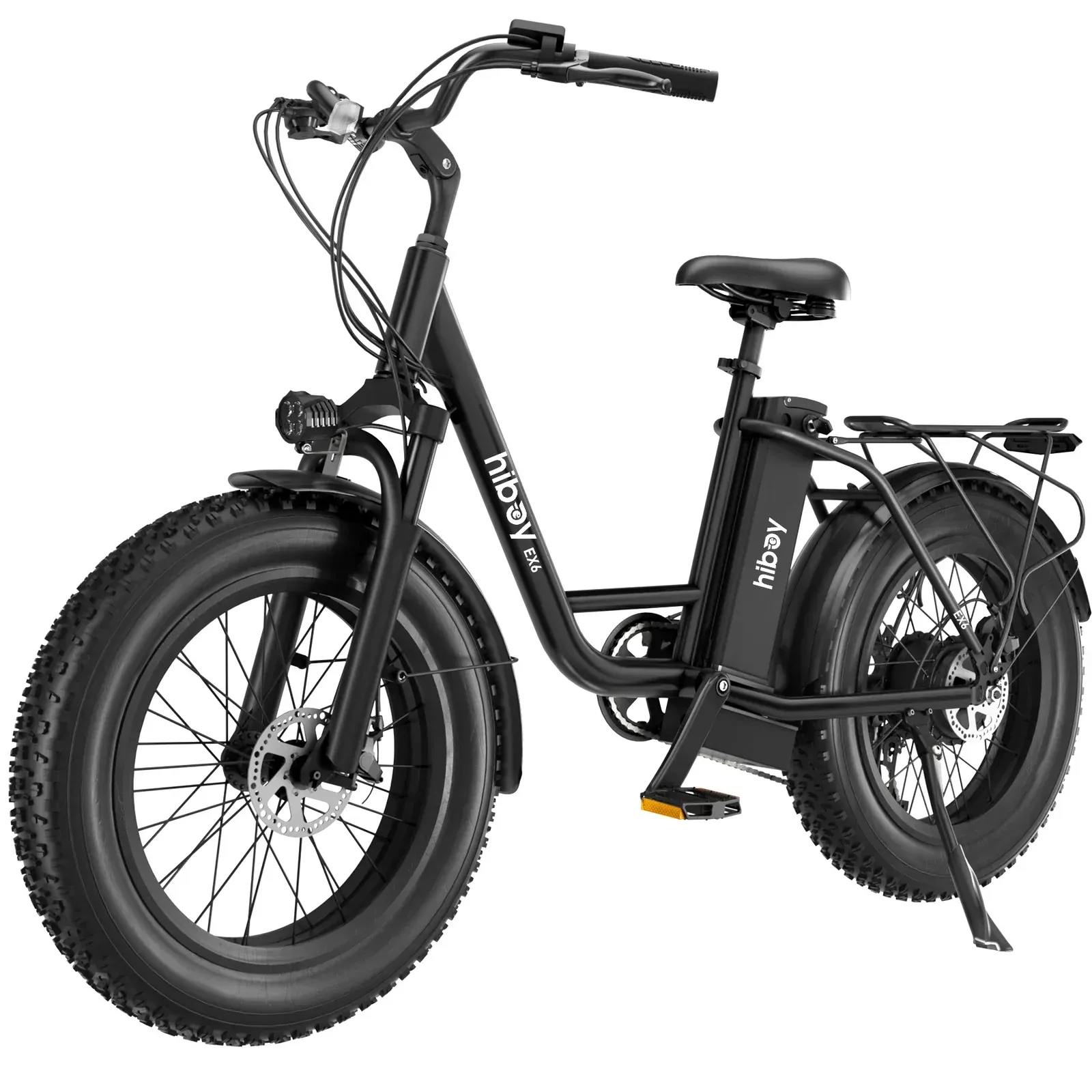 Black electric fat tire bike with cargo rack.