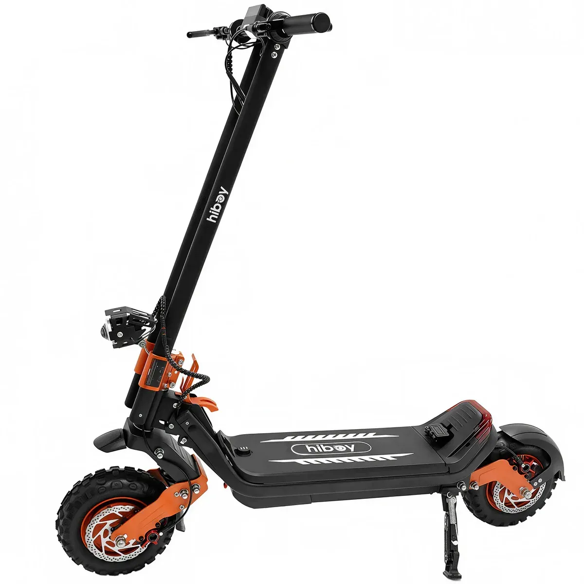 Black and orange electric scooter with large off-road tires, kickstand, and handlebar controls.
