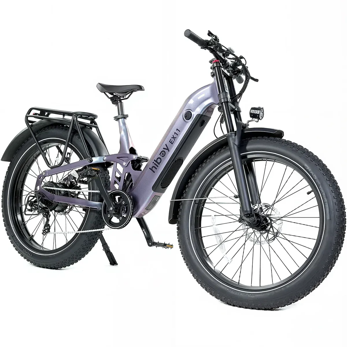 Purple electric fat tire bicycle with black fenders and rack.