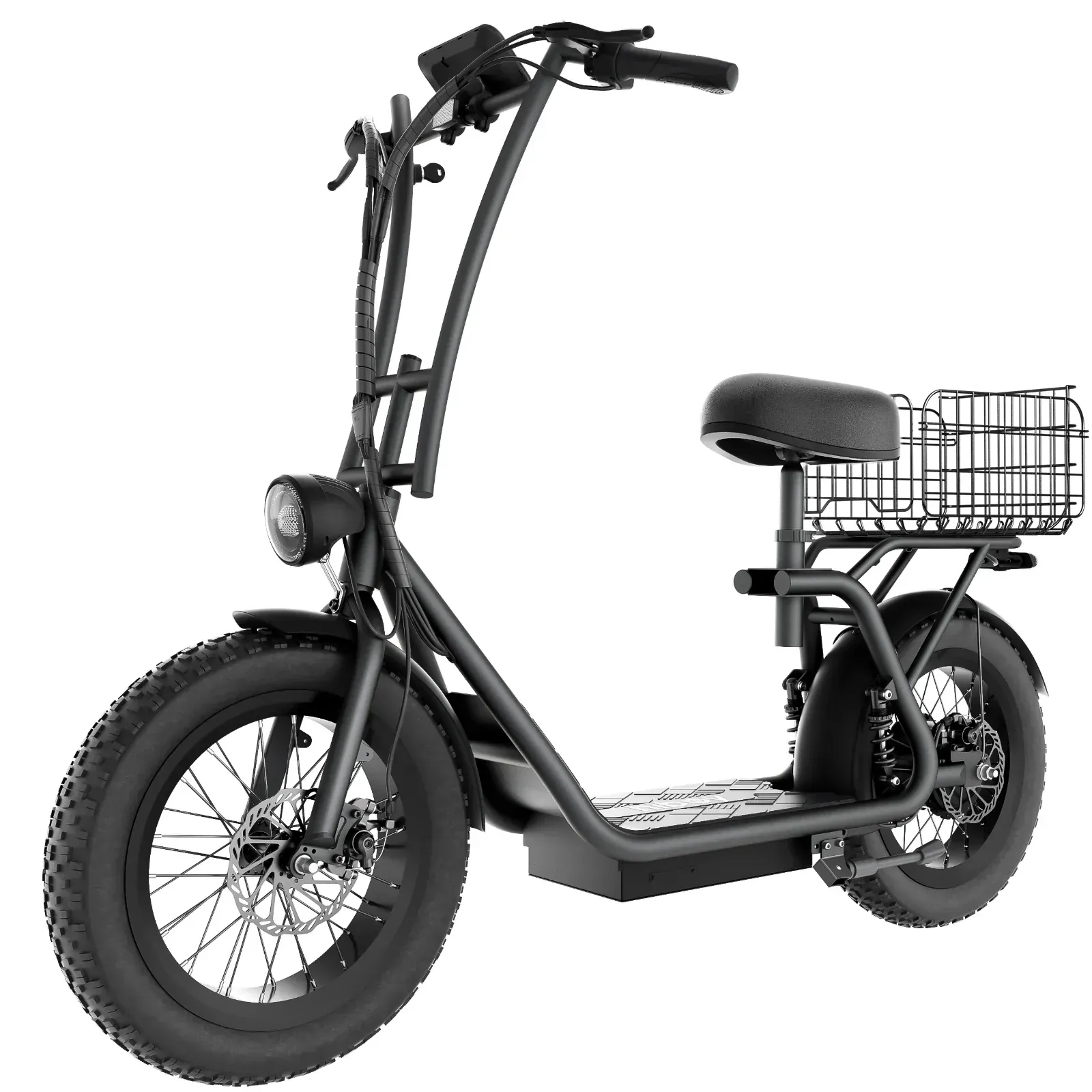 Black electric scooter with fat tires, front headlight, basket, and seat.