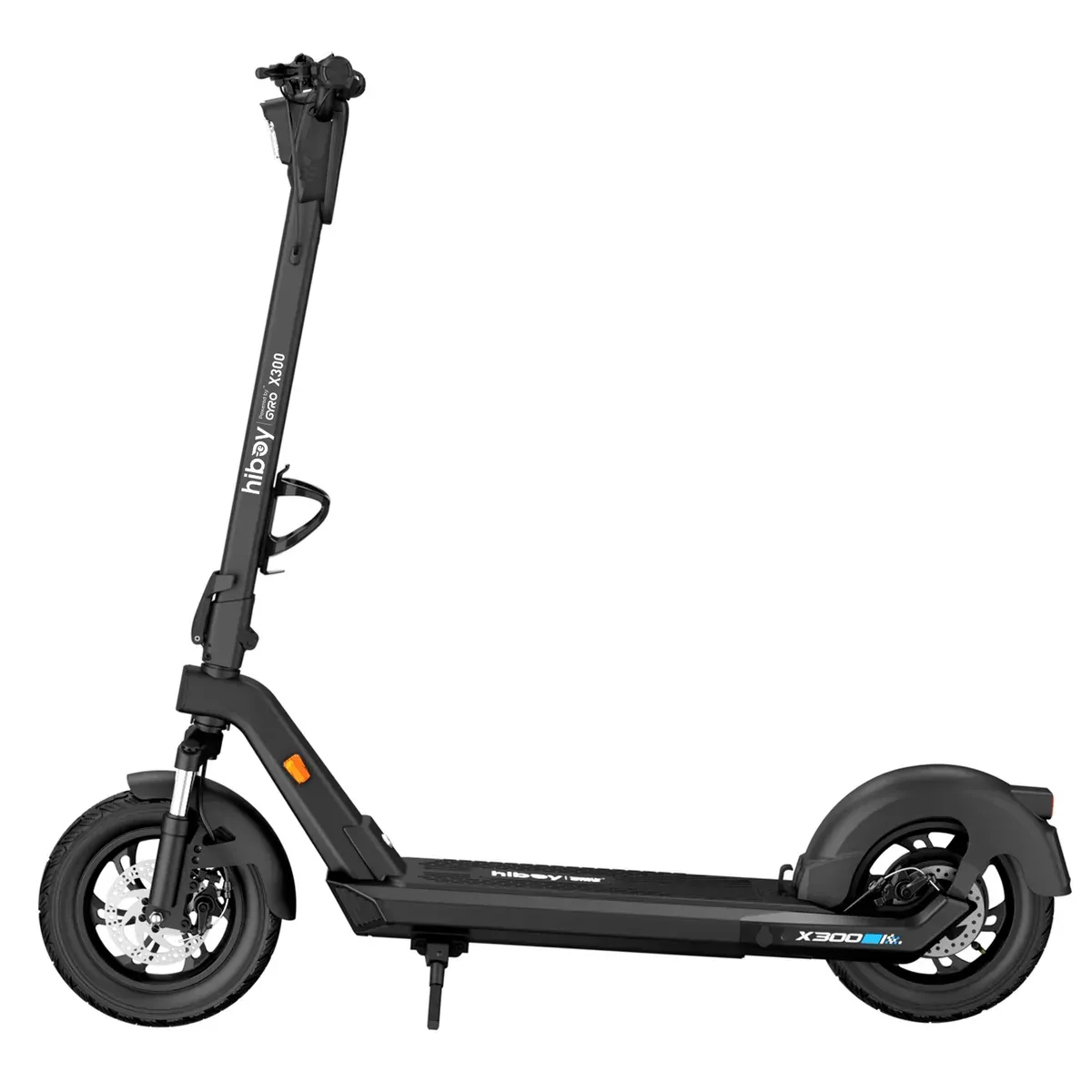 Black electric scooter with a folded handlebar, on a white background.