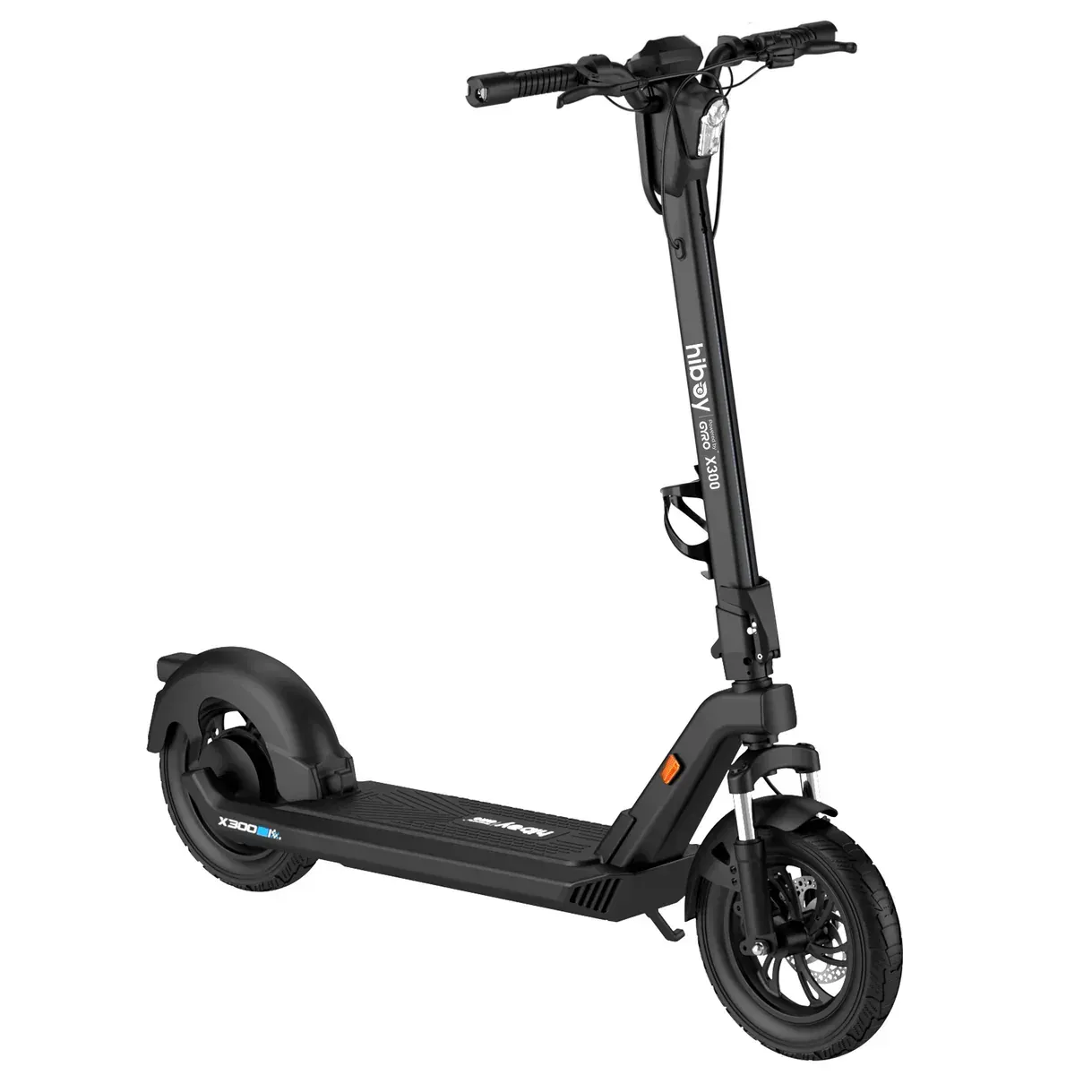 Black electric scooter with a folded handlebar, on a white background.