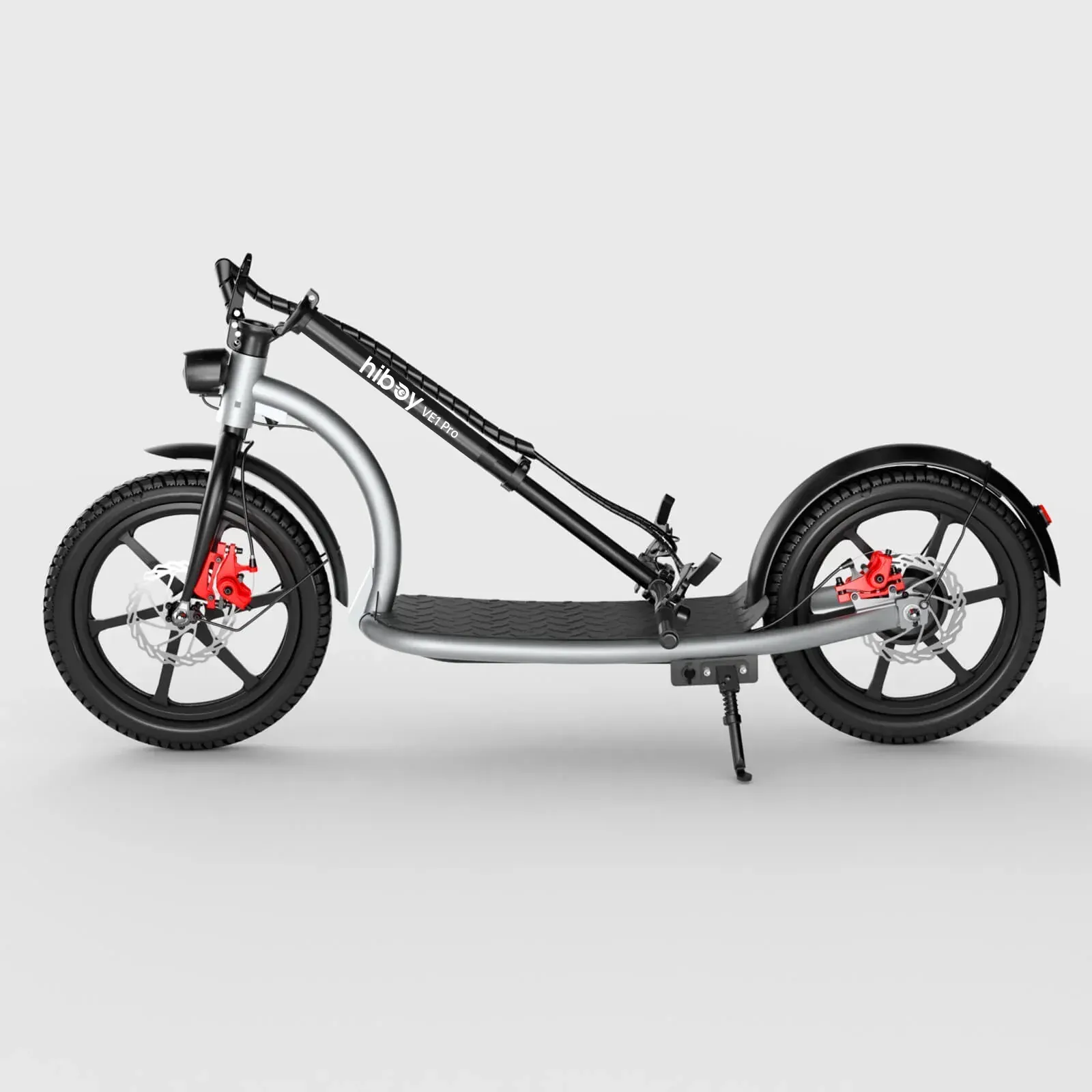 Silver electric scooter with black tires and handlebars, front headlight, and red brake calipers.
