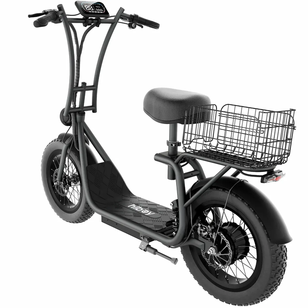 Black electric scooter with fat tires, front headlight, basket, and seat.